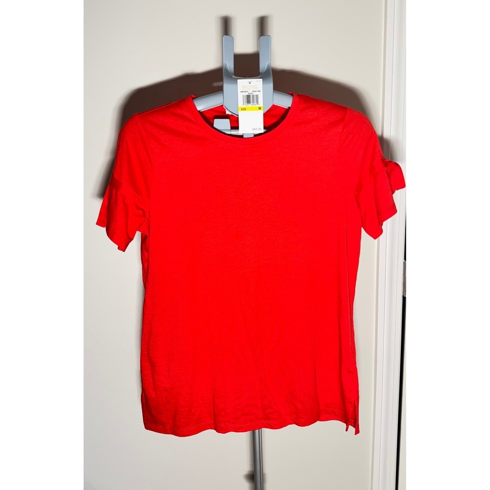 Michael Kors Bright Ruby Red Tie Sleeve Crew NeckT-Shirt QU95G38CYE Womens M NWT